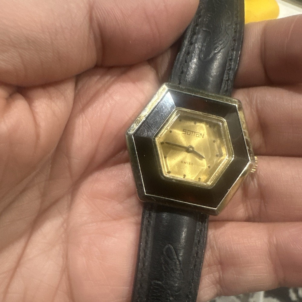 VTG Rare Sutton Swiss Hexagonal Manual Wind Ladies Watch 35mm Black Fits 7.75 - Picture 3 of 16